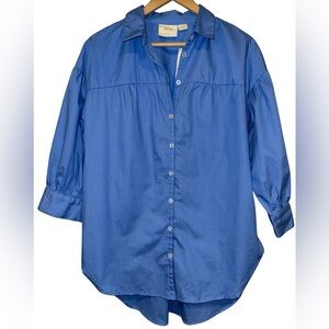 Anthropologie Maeve 100% Cotton Puff Sleeve Button Down Shirt Blue Size M Preppy